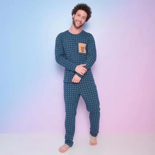 Pijama Com Inscrições- Azul Marinho & Branco- Bela Notte