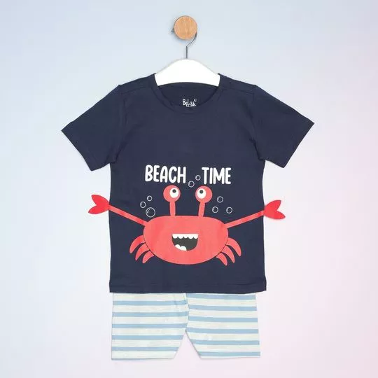 Pijama Beach Time Com Linho- Azul Marinho & Azul Claro- Bela Notte
