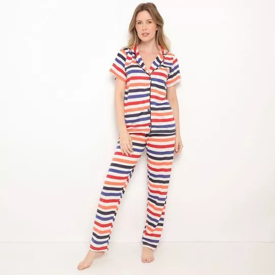 Pijama Listrado- Off White & Azul Marinho- Zulai
