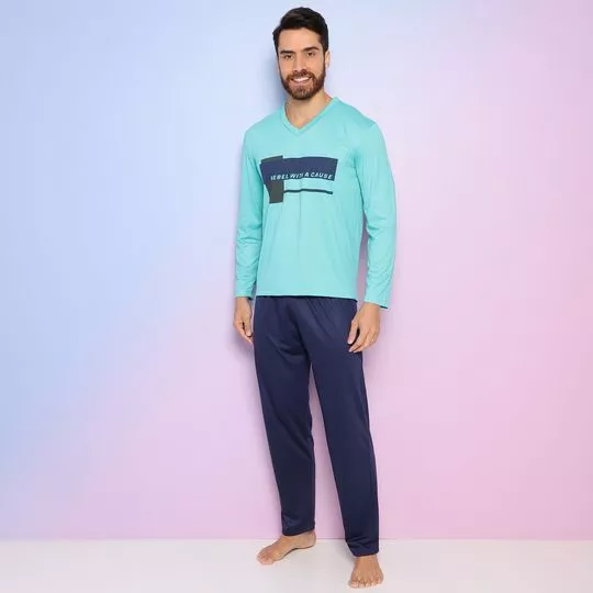 Pijama Com Inscrições- Verde Água & Azul Marinho- Zulai