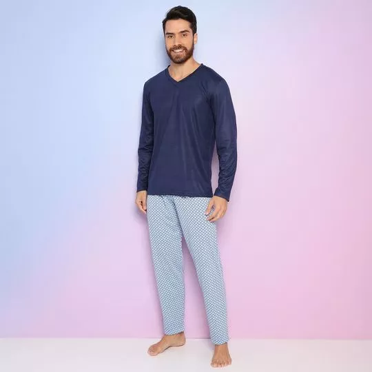 Pijama Com Recortes- Azul Claro & Azul Marinho- Zulai