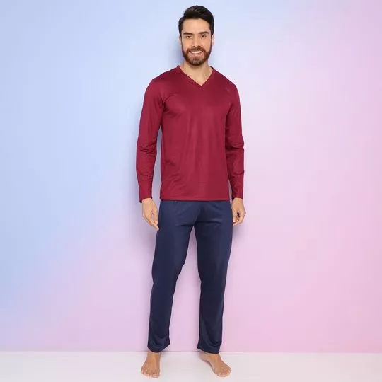 Pijama Com Recortes- Vinho & Azul Marinho- Zulai