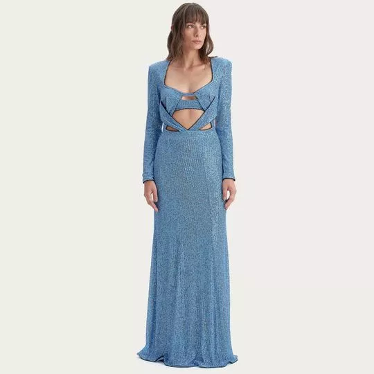 Vestido Longo Com Paetês- Azul & Preto- Amarante