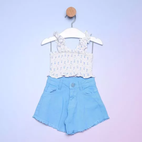 Conjunto De Cropped Em Lastex Laços & Short Jeans- Off White & Azul- Luluzinha