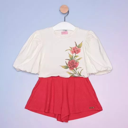 Conjunto De Blusa Floral & Short Canelado- Off White & Vermelho- Luluzinha