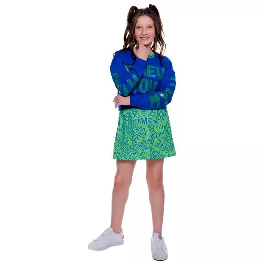 Blusão Cropped Com Inscrições- Azul & Verde- Mylu