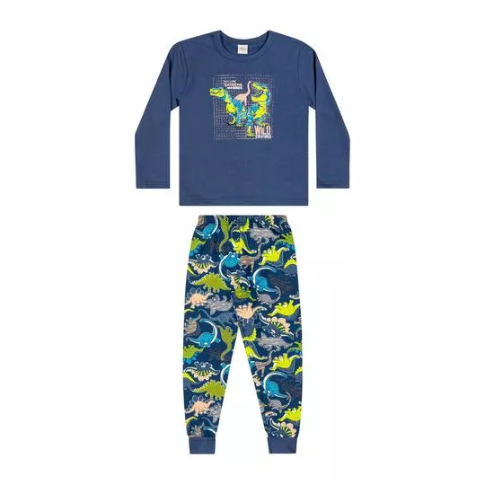 Pijama Dinossauros- Azul Escuro & Verde Limão