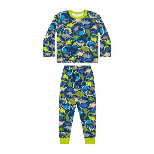 Pijama Dinossauros- Azul Escuro & Verde Limão