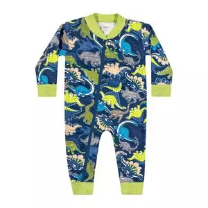 Macacão Pijama Dinossauros<BR>- Azul Escuro & Verde Limão