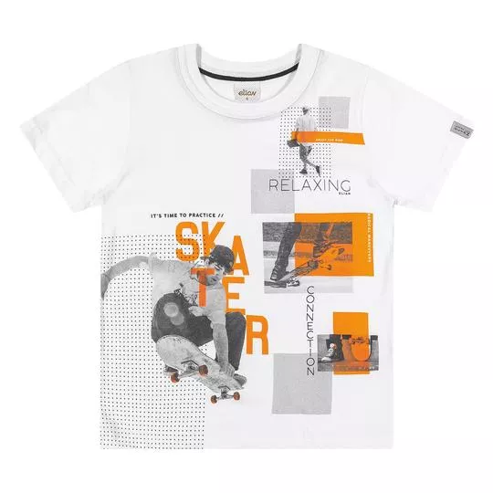 Camiseta Skate- Branca & Laranja