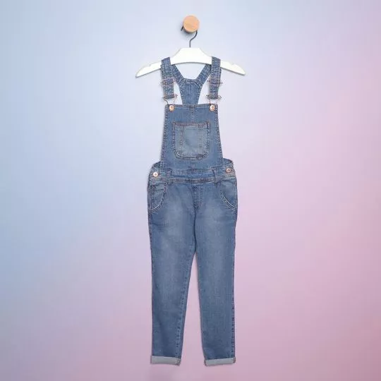 Jardineira Jeans Com Recortes- Azul- Pequena Mania