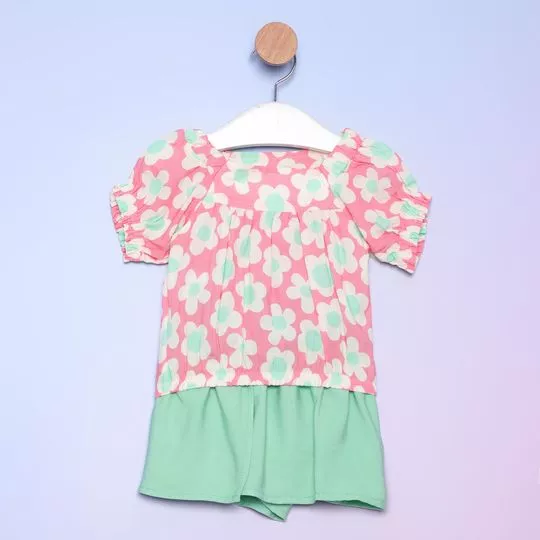 Conjunto De Blusa Floral & Short Saia- Rosa & Verde Claro- Pequena Mania