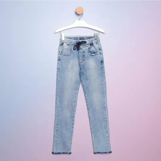 Calça Jeans Reta Com Recortes- Azul- Pequena Mania