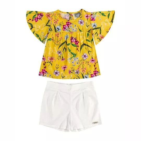 Conjunto De Blusa Floral & Short- Amarelo & Branco- Quimby