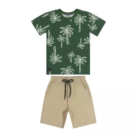 Conjunto De Camiseta & Bermuda Em Sarja- Verde Escuro & Bege- Quimby