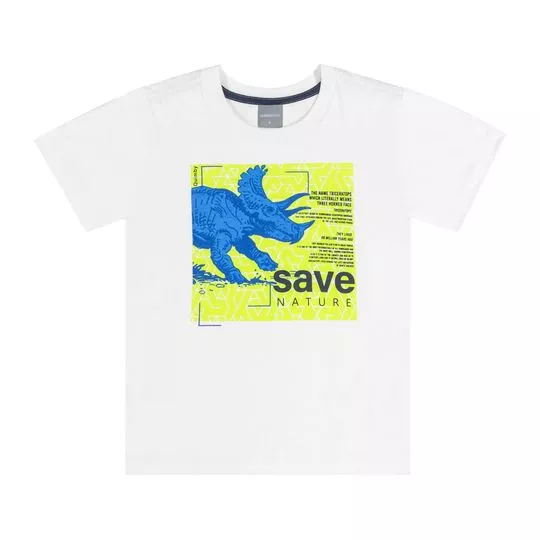 Camiseta Dinossauro Com Inscrições- Branca & Azul- Quimby