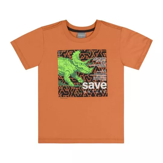 Camiseta Dinossauro Com Inscrições- Laranja & Preta- Quimby