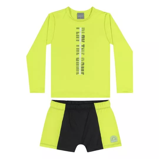 Conjunto De Camiseta Com Inscrições & Sunga- Verde Limão & Preto- Quimby