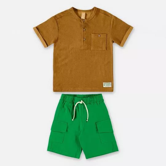 Conjunto De Camiseta Com Bolso & Bermuda- Marrom & Verde- Up Baby