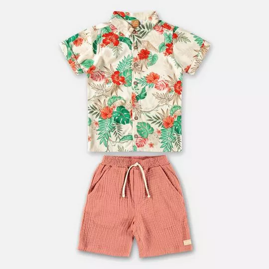 Conjunto De Camisa Floral & Bermuda Texturizada- Off White & Laranja Claro- Up Baby