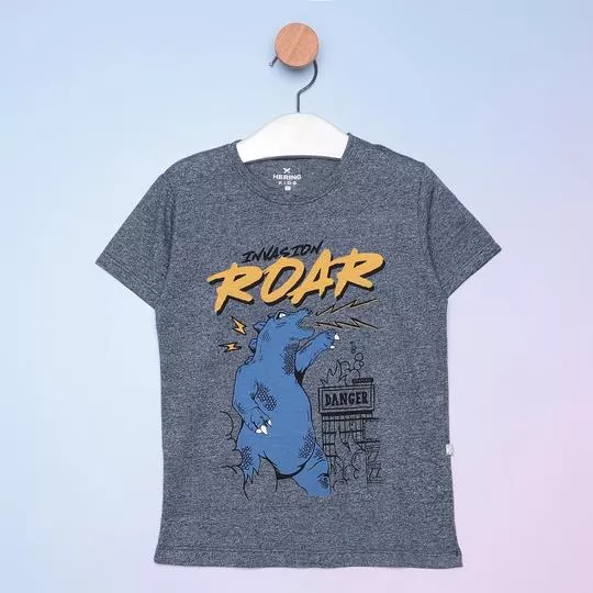 Camiseta Em Mescla Dinossauro- Cinza & Azul