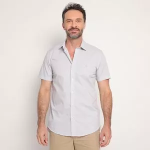 Camisa Slim Fit Listrada<BR>- Off White & Cinza<BR>- Highstill