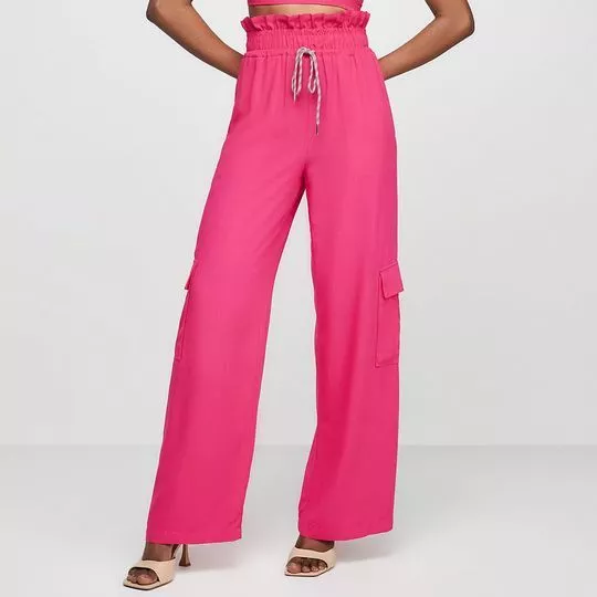 Calça Pantalona Com Bolsos- Pink