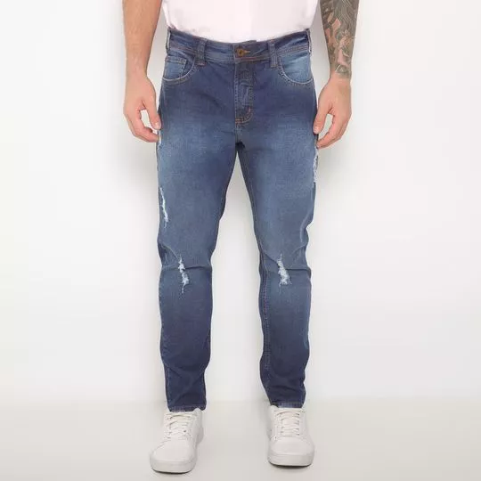 Calça Jeans Reta Com Destroyed- Azul Marinho