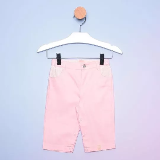 Calça Reta Em Sarja Com Recortes- Rosa Claro & Branca- Bicho Molhado
