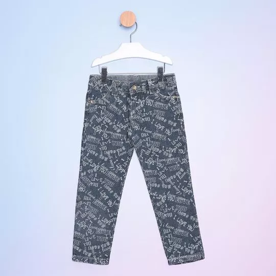 Calça Jeans Reta Com Inscrições- Azul Marinho & Branca- Bicho Molhado