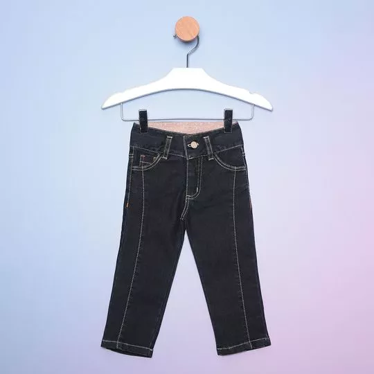 Calça Reta Jeans Com Recortes- Azul Marinho- Bicho Molhado