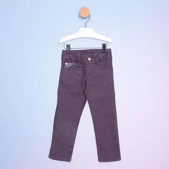 Calça Jeans Reta Com Bolsos- Roxo Escuro & Cinza- Bicho Molhado