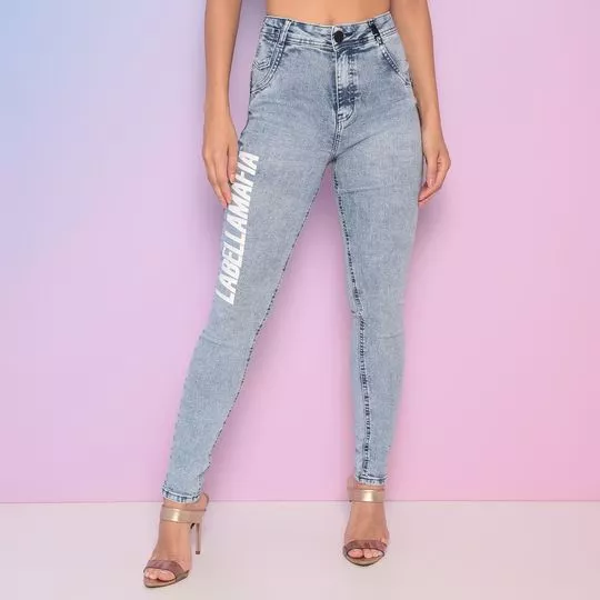 Calça Jeans Skinny Com Inscrição- Azul Claro & Off White