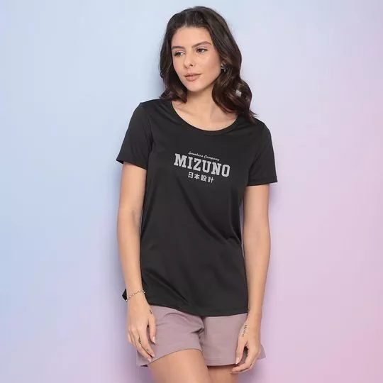 Camiseta Com Inscrições - Preta & Cinza - Mizuno