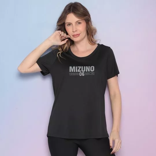 Camiseta Com Inscrições - Preta & Cinza - Mizuno