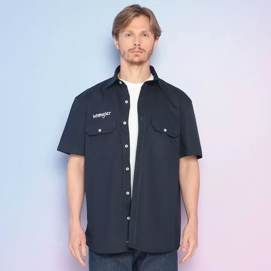 Camisa Com Bolsos- Azul Marinho & Branca- Cia do Jeans