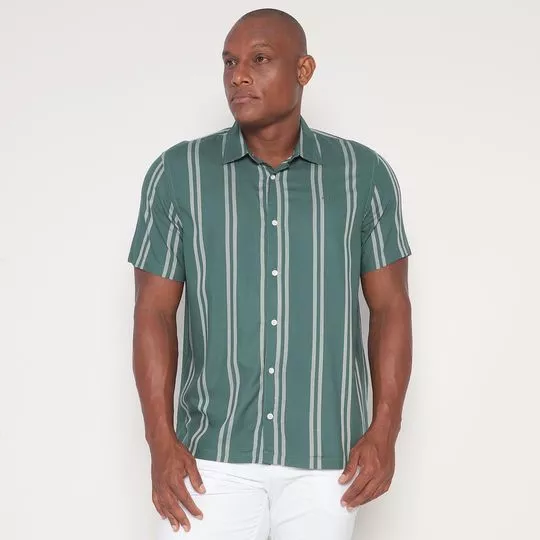 Camisa Comfort Fit Listrada- Verde Escuro & Branca- Colcci
