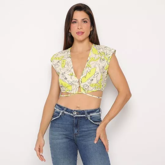 Cropped Mulheres- Bege Claro & Amarelo Neon- Colcci
