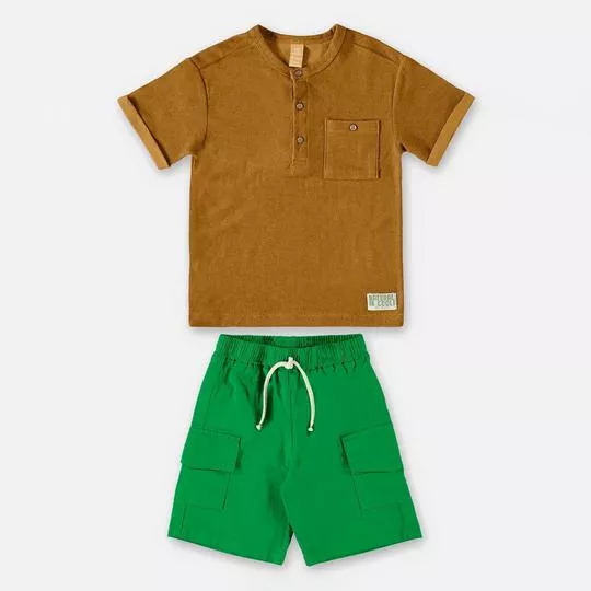 Conjunto De Camiseta Com Bolso & Bermuda- Marrom & Verde