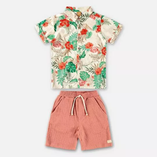 Conjunto De Camisa Floral & Bermuda Texturizada- Off White & Laranja Claro