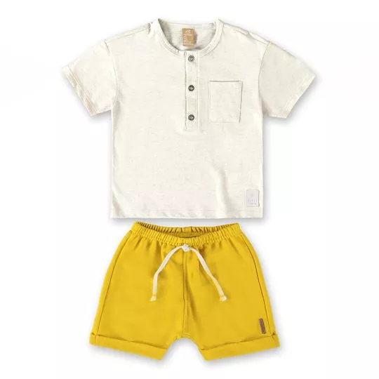 Conjunto De Camiseta Com Bolso & Bermuda - Bege Claro & Amarelo- Up Baby & Up Kids