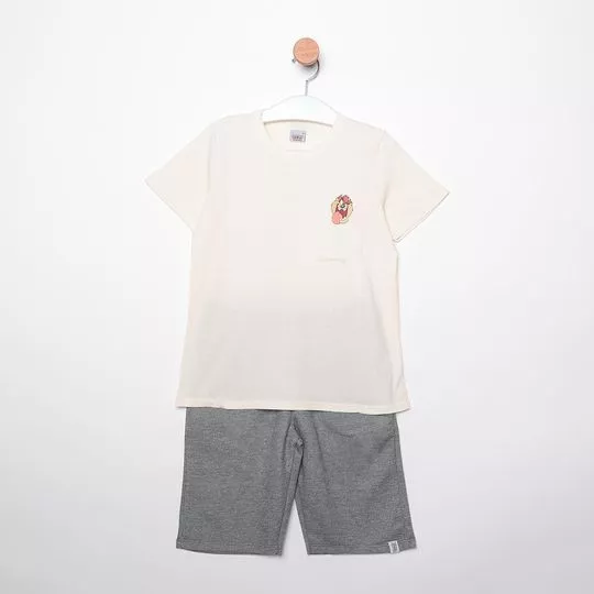 Conjunto De Camiseta Taz Mania® & Bermuda- Off White & Cinza Escuro- Malwee