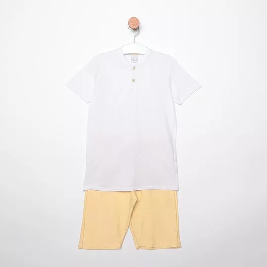 Conjunto De Camiseta & Bermuda Com Recortes- Branco & Amarelo Claro- Malwee