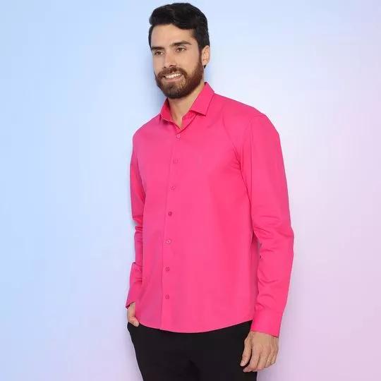 Camisa Slim Fit Com Bordado- Rosa