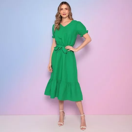 Vestido Midi Com Linho- Verde