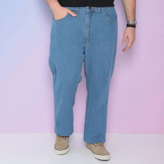 Calça Jeans Reta Com Bolsos- Azul