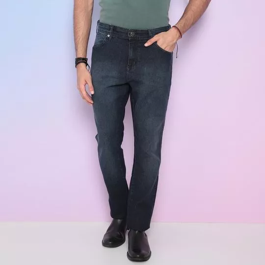 Calça Jeans Reta Com Recortes- Azul Marinho