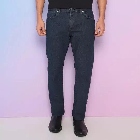 Calça Jeans Reta Com Bolsos- Azul Escuro