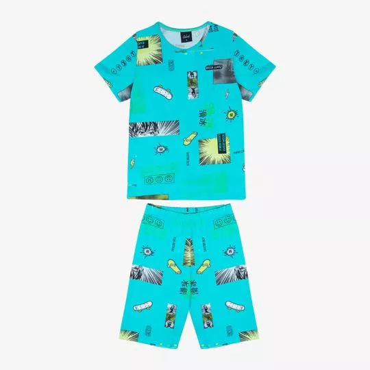 Pijama Com Inscrições- Azul Turquesa & Preto- Rovitex