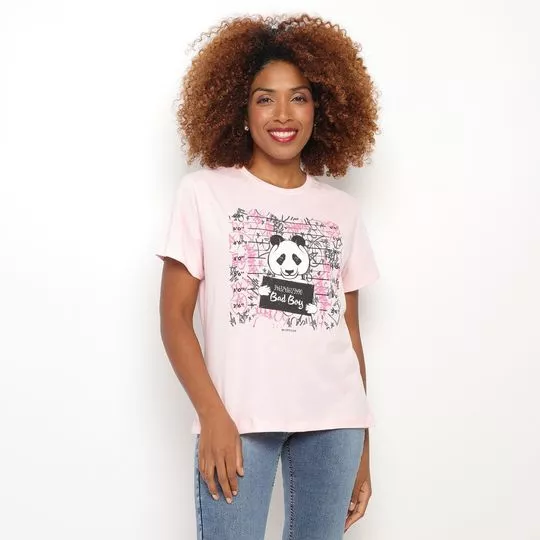 Camiseta Panda- Rosa Claro & Preta